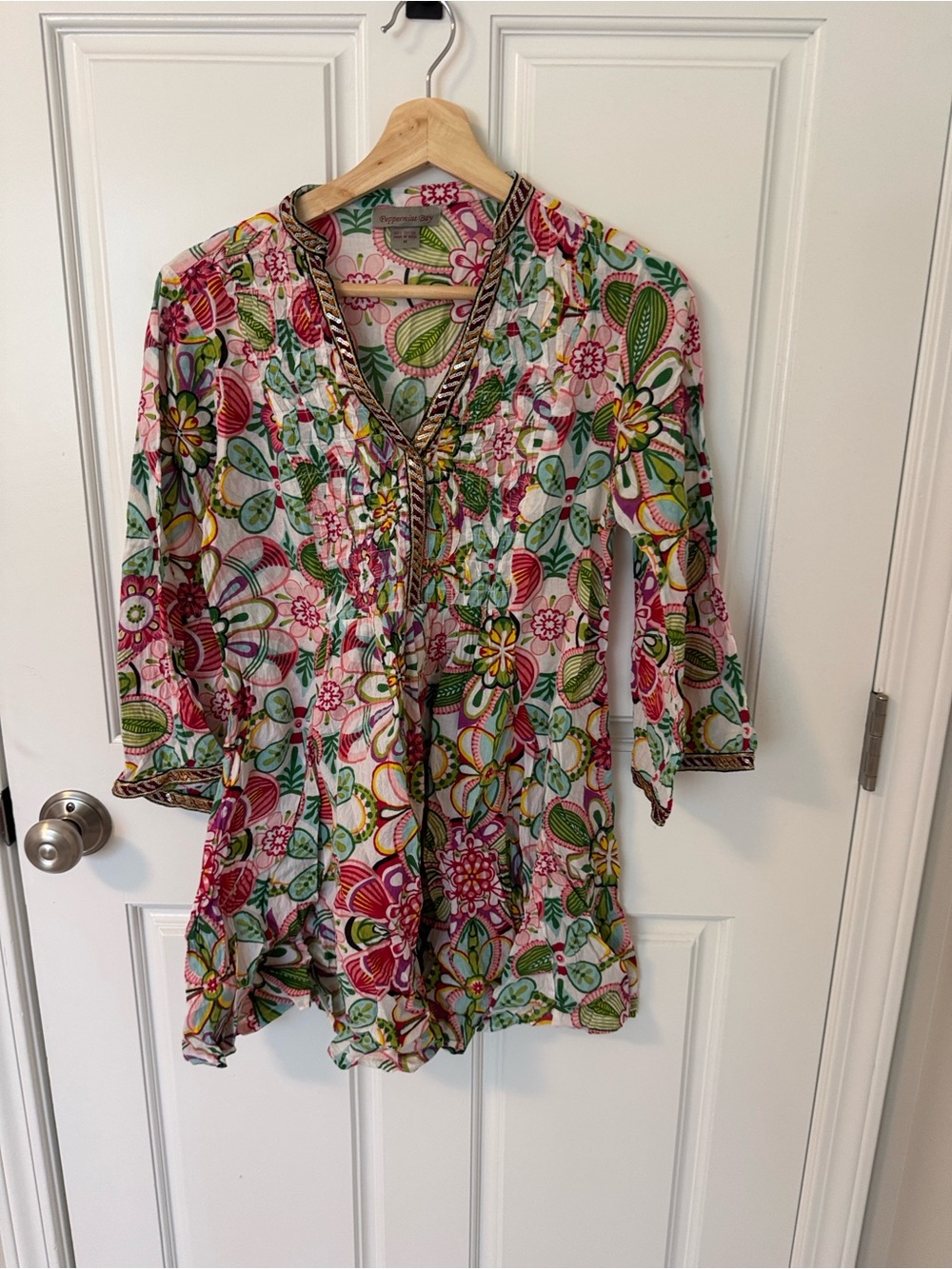 Floral V-Neck Tunic in Pink, Green & Yellow